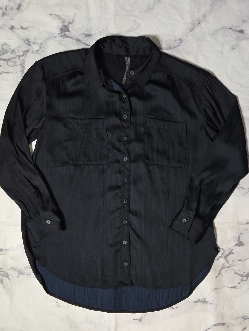 By Anthropologie Black Crinkle Satin Long Sleeve Button Front Blouse